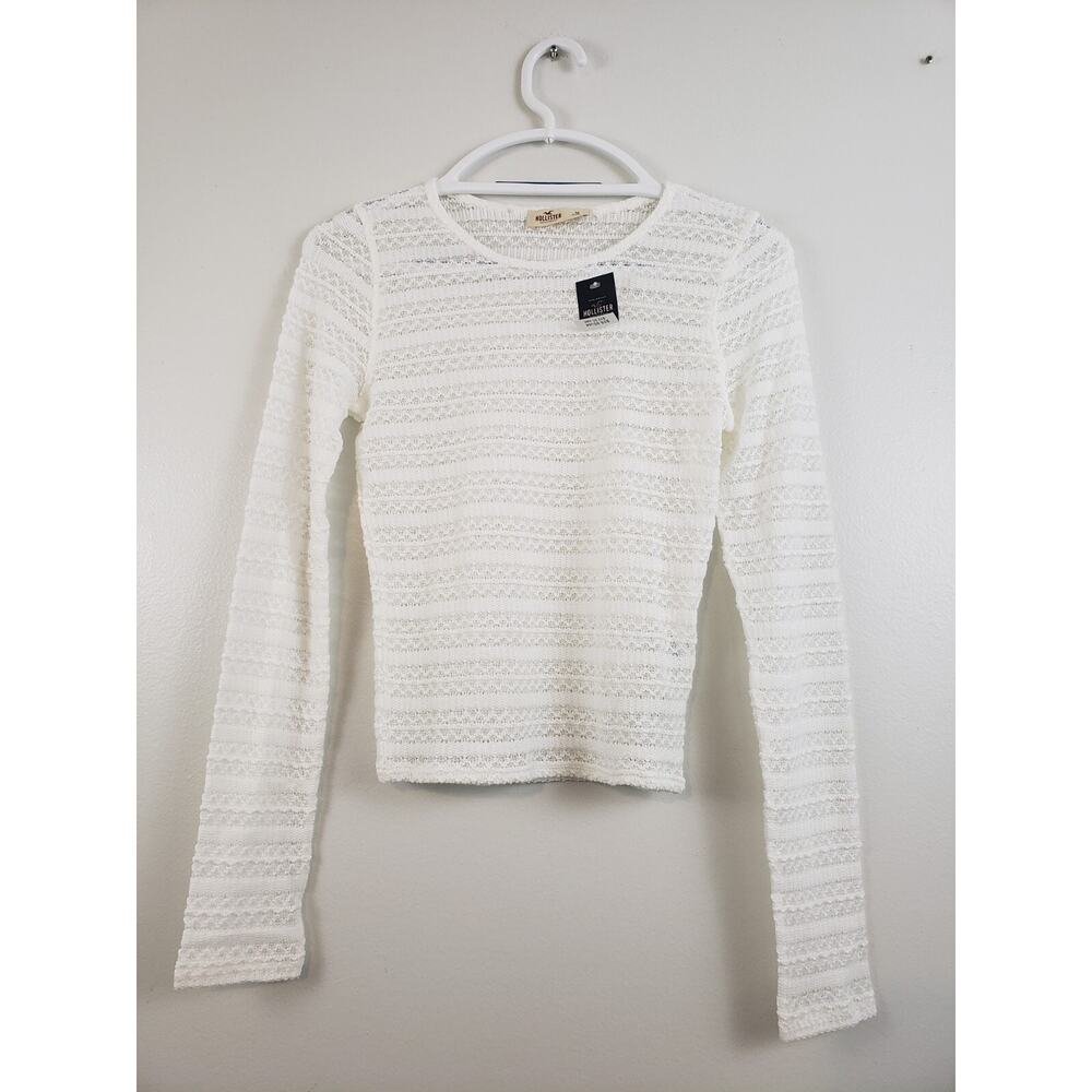 (O5) Y2K Hollister Women's Jr Top Size M Ivory Long Sleeve Lace Knit Sheer